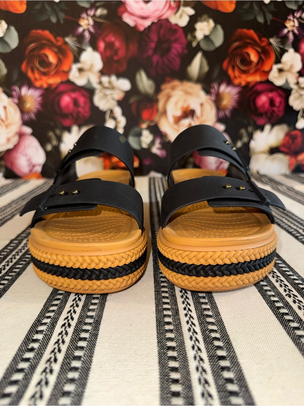 CROCS Double - Strap Black and Tan Platform Sandals, Size 7 - Picture 9 of 15